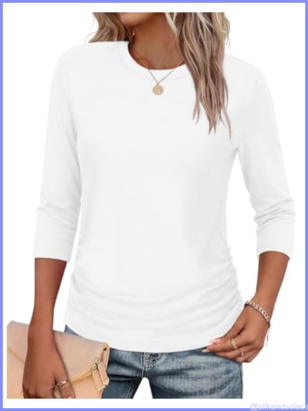 Womens 3/4 Bell Sleeve Ruched Crew Neck T Shirt Casual Office Top